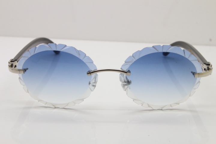 Cartier  Original Black Buffalo Horn T8200761 Rimless Sunglasses In Gold Blue Carved Lens