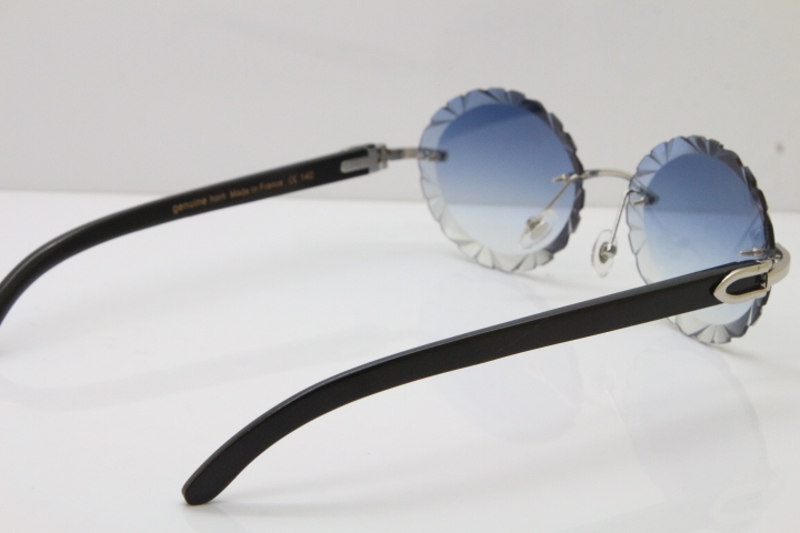 Cartier  Original Black Buffalo Horn T8200761 Rimless Sunglasses In Gold Blue Carved Lens