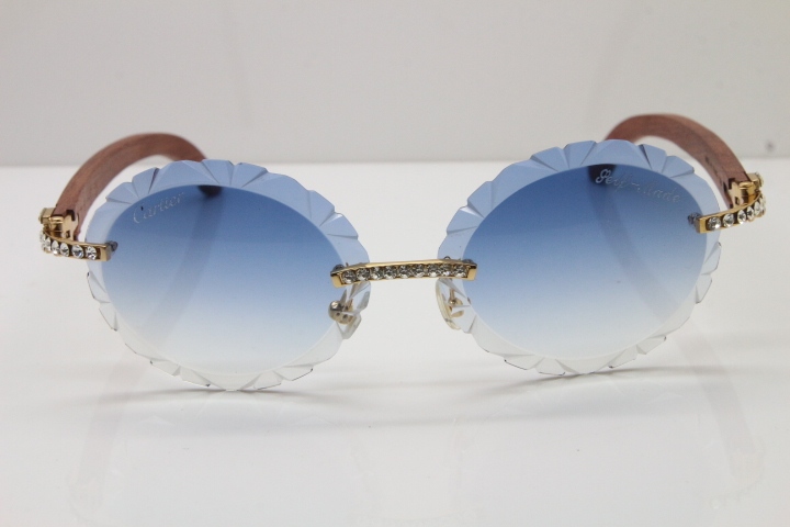 Cartier Big Stones Original Wood T8200761 Rimless Sunglasses In Gold Blue Carved Lens