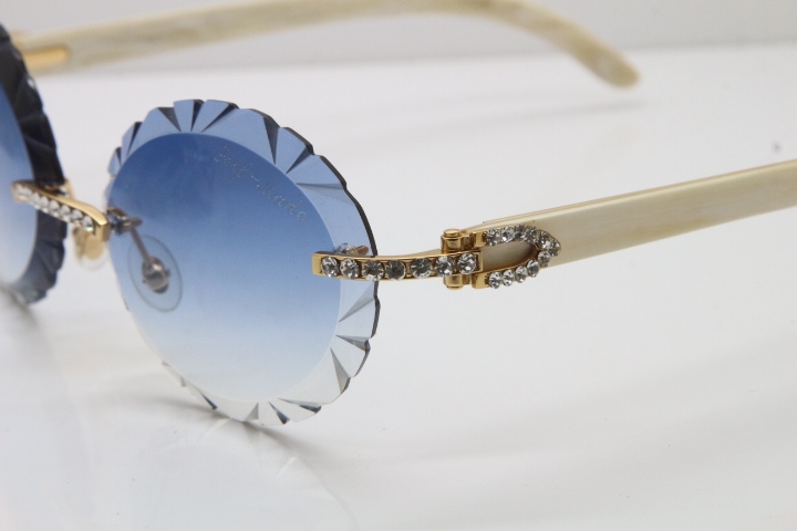 Cartier Big Stones White Genuine Natural Horn T8200761 Rimless Sunglasses In Gold Blue Carved Lens