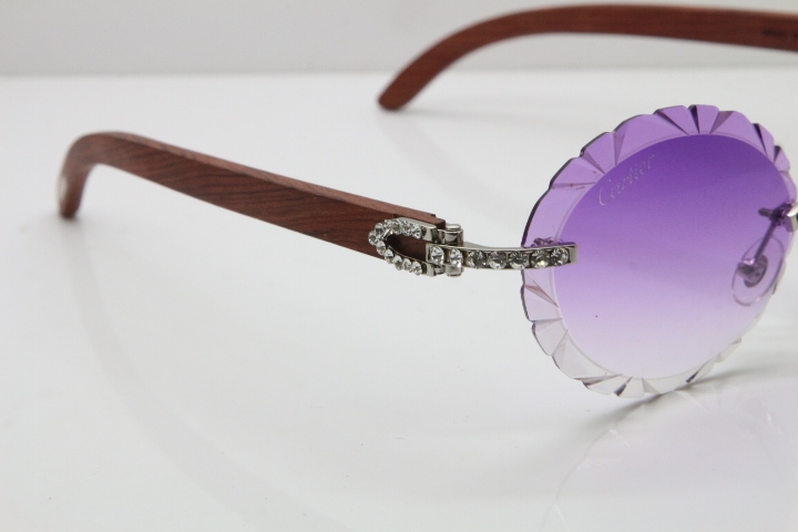 Cartier Big Stones Original Wood T8200761 Rimless Sunglasses In Gold Purple Carved Lens