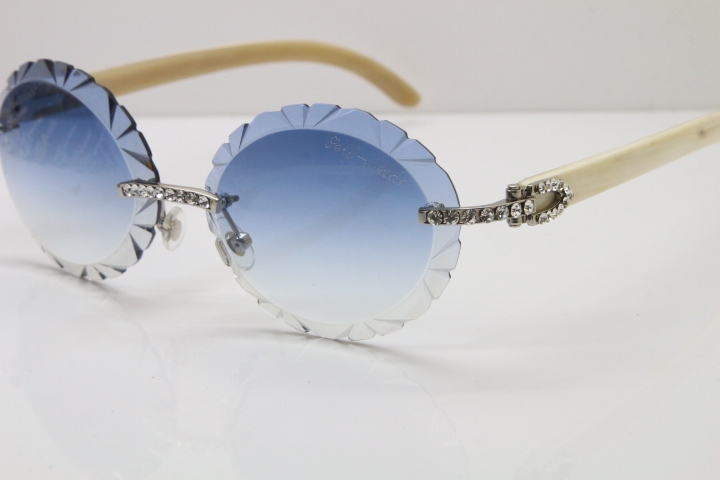 Cartier Big Stones White Genuine Natural Horn T8200761 Rimless Sunglasses In Gold Blue Carved Lens