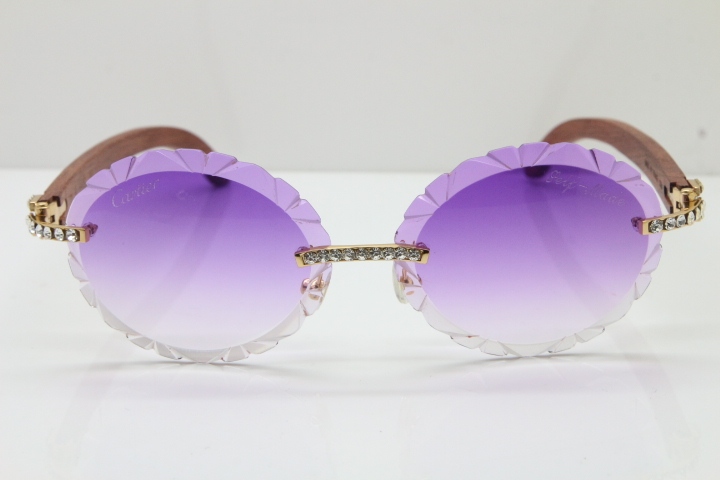 Cartier Big Stones Original Wood T8200761 Rimless Sunglasses In Gold Purple Carved Lens