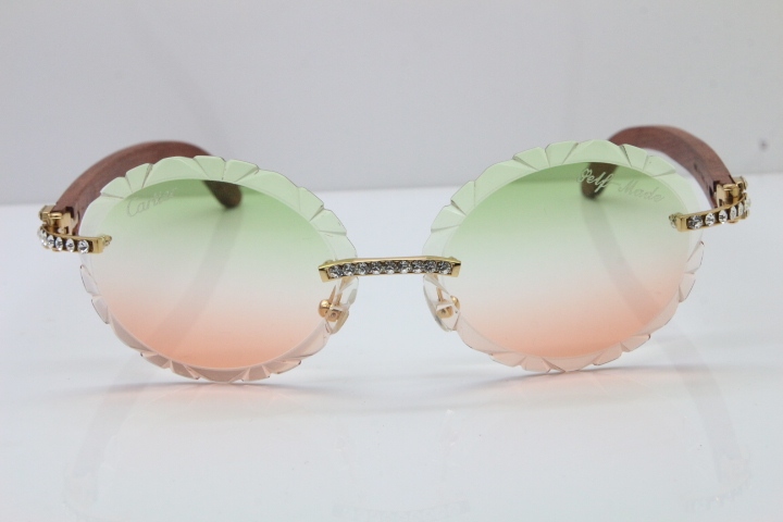 Cartier Big Stones Original Wood T8200761 Rimless Sunglasses In Gold Green Mix Brown Carved Lens