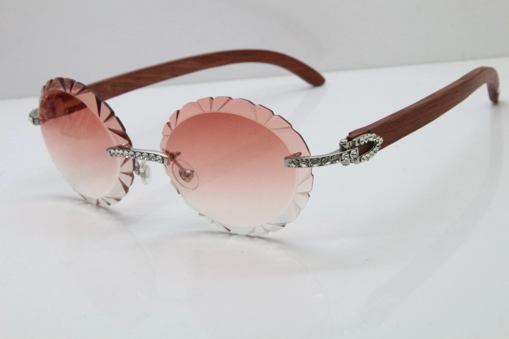 Cartier Big Stones Original Wood T8200761 Rimless Sunglasses In Gold Pink Carved Len