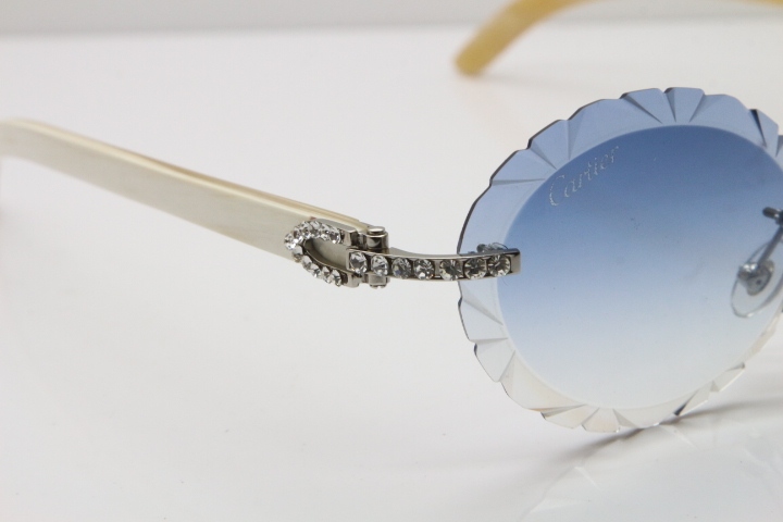 Cartier Big Stones White Genuine Natural Horn T8200761 Rimless Sunglasses In Gold Blue Carved Lens