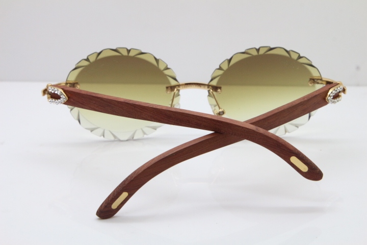 Cartier Big Stones Original Wood T8200761 Rimless Sunglasses In Gold Brown Carved Lens