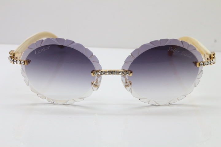 Cartier Big Stones White Genuine Natural Horn T8200761 Rimless Sunglasses In Gold Gray Carved Lens