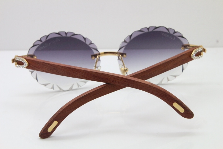 Cartier Big Stones Original Wood T8200761 Rimless Sunglasses In Gold Gray Carved Lens