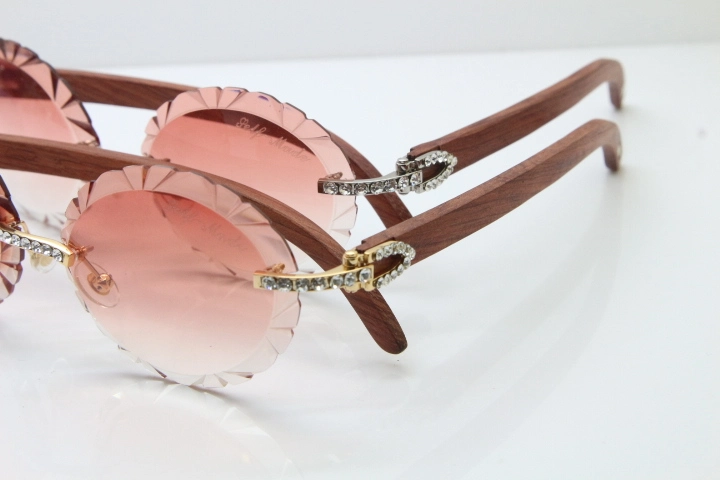 Cartier Big Stones Original Wood T8200761 Rimless Sunglasses In Gold Pink Carved Len