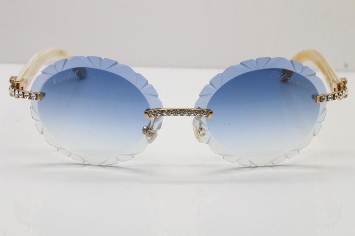 Cartier Big Stones White Genuine Natural Horn T8200761 Rimless Sunglasses In Gold Blue Carved Lens