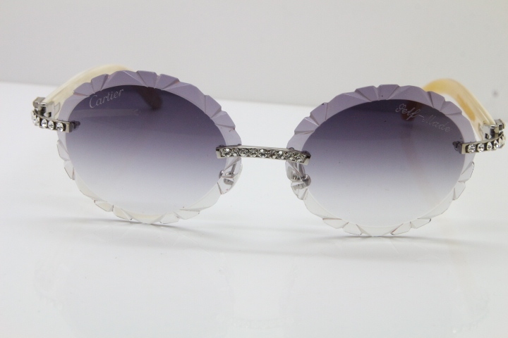 Cartier Big Stones White Genuine Natural Horn T8200761 Rimless Sunglasses In Gold Gray Carved Lens