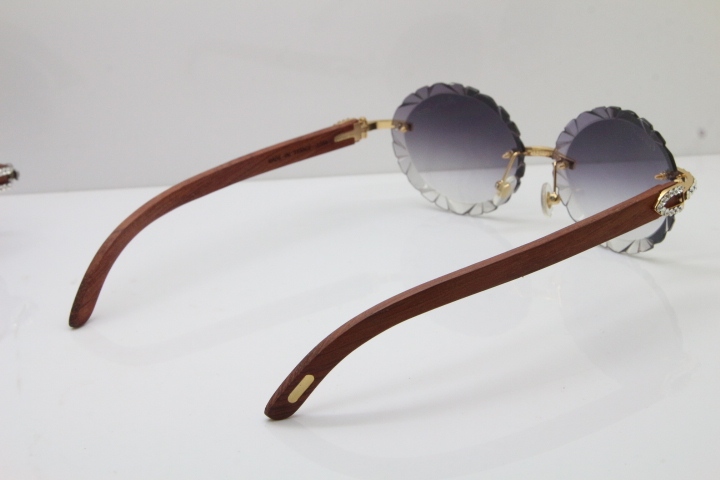 Cartier Big Stones Original Wood T8200761 Rimless Sunglasses In Gold Gray Carved Lens