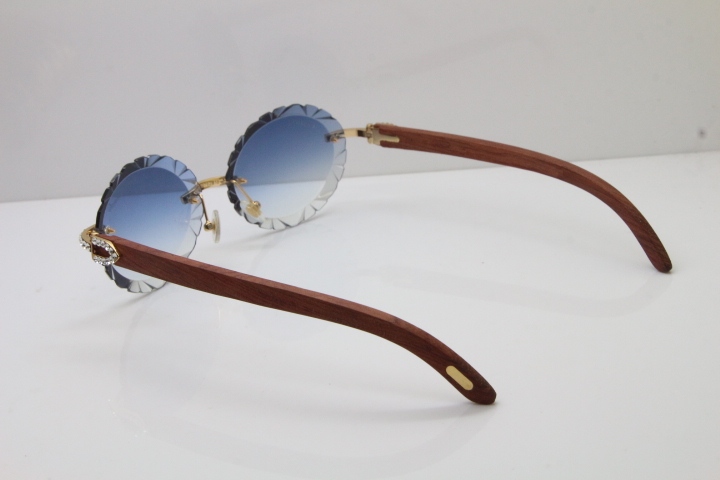 Cartier Big Stones Original Wood T8200761 Rimless Sunglasses In Gold Blue Carved Lens