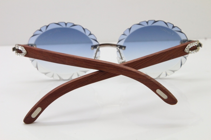 Cartier Big Stones Original Wood T8200761 Rimless Sunglasses In Gold Blue Carved Lens