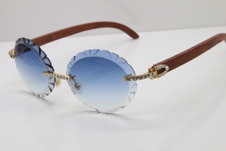 Cartier Big Stones Original Wood T8200761 Rimless Sunglasses In Gold Blue Carved Lens