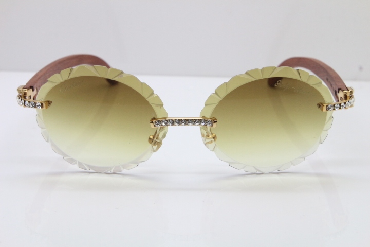 Cartier Big Stones Original Wood T8200761 Rimless Sunglasses In Gold Brown Carved Lens