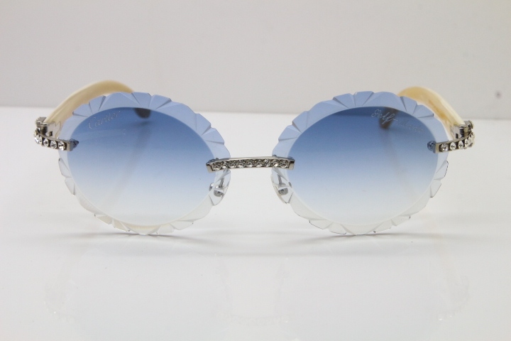 Cartier Big Stones White Genuine Natural Horn T8200761 Rimless Sunglasses In Gold Blue Carved Lens