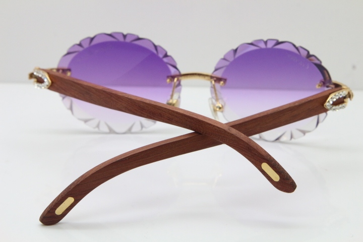 Cartier Big Stones Original Wood T8200761 Rimless Sunglasses In Gold Purple Carved Lens