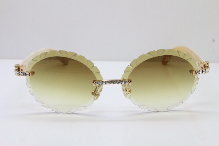 Cartier Big Stones White Genuine Natural Horn T8200761 Rimless Sunglasses In Gold Brown Carved Lens