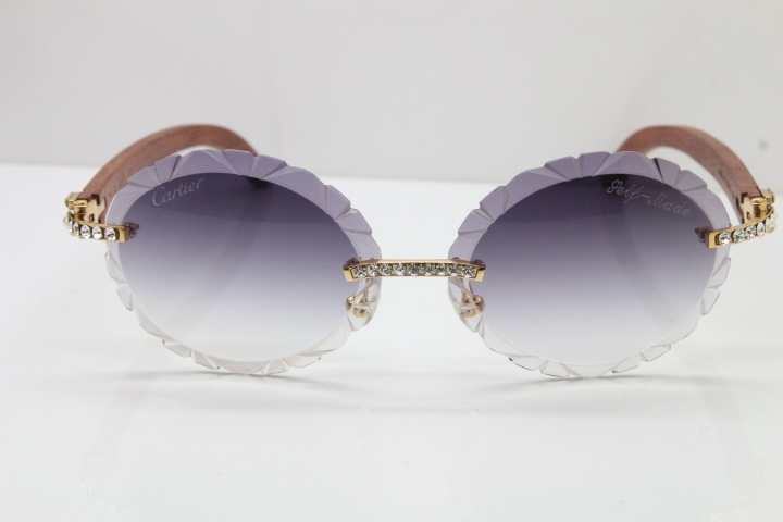 Cartier Big Stones Original Wood T8200761 Rimless Sunglasses In Gold Gray Carved Lens