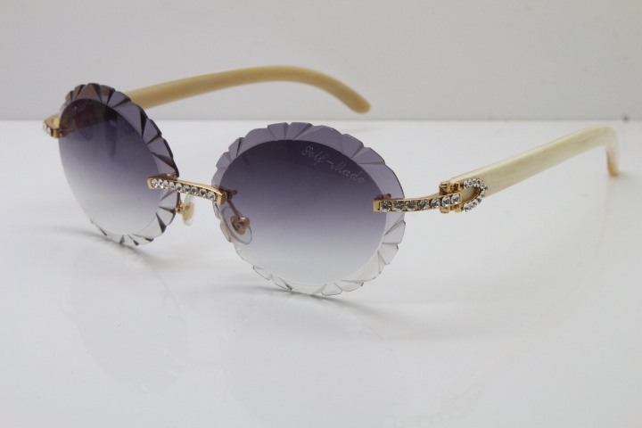 Cartier Big Stones White Genuine Natural Horn T8200761 Rimless Sunglasses In Gold Gray Carved Lens