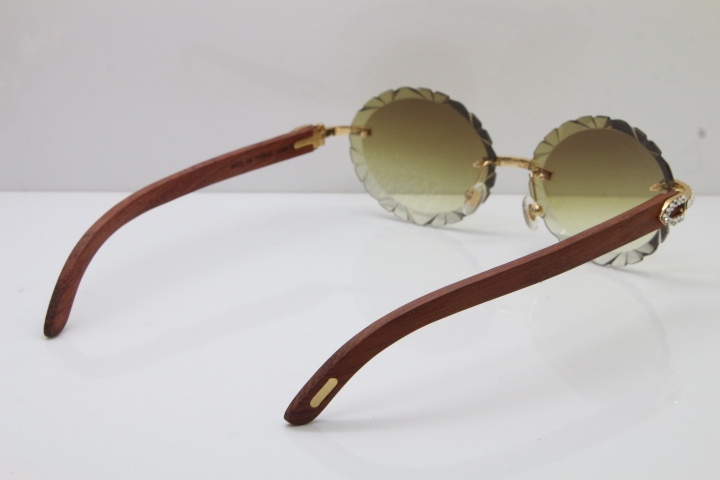 Cartier Big Stones Original Wood T8200761 Rimless Sunglasses In Gold Brown Carved Lens