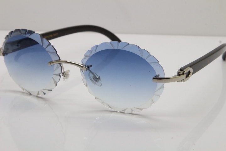 Cartier  Original Black Buffalo Horn T8200761 Rimless Sunglasses In Gold Blue Carved Lens