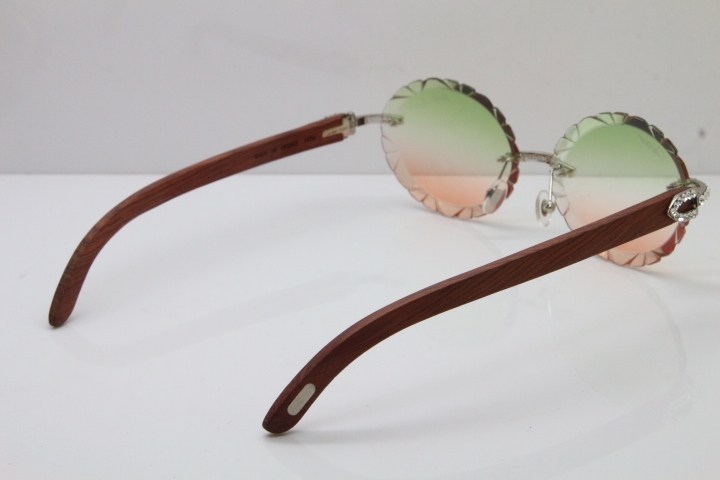 Cartier Big Stones Original Wood T8200761 Rimless Sunglasses In Gold Green Mix Brown Carved Lens