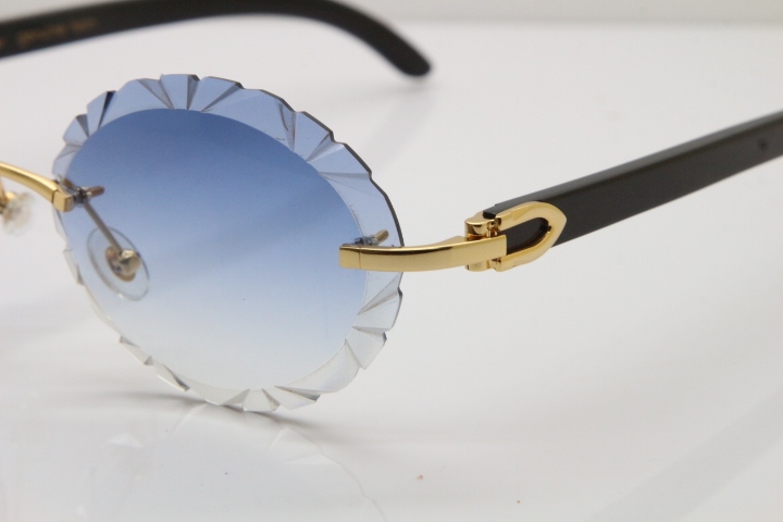 Cartier  Original Black Buffalo Horn T8200761 Rimless Sunglasses In Gold Blue Carved Lens