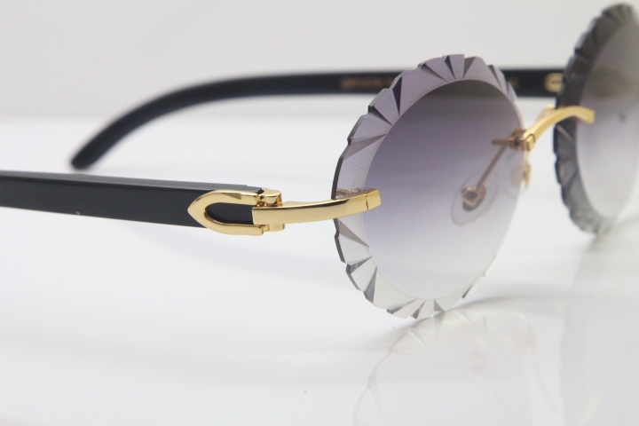 Cartier Rimless Original Black Buffalo Horn T8200761 Sunglasses In Gold Gray Carved Lens