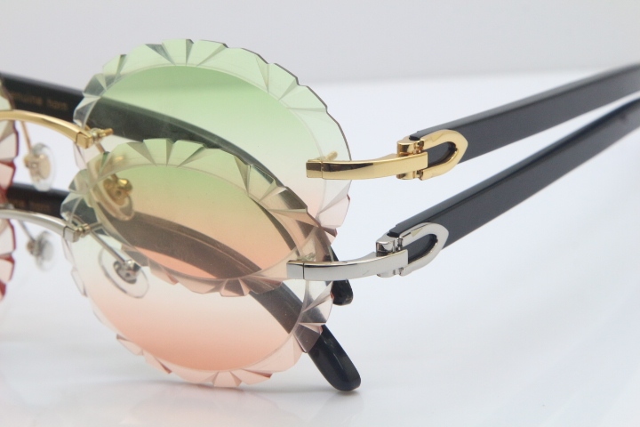 Cartier Rimless Original Black Buffalo Horn T8200761 Sunglasses In Gold Green Mix Brown Carved Lens