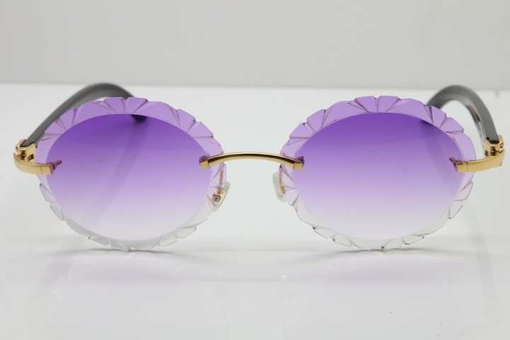 Cartier Rimless Original Black Buffalo Horn T8200761 Sunglasses In Gold Purple Carved Lens