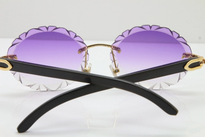 Cartier Rimless Original Black Buffalo Horn T8200761 Sunglasses In Gold Purple Carved Lens