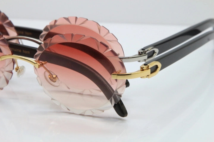 Cartier Rimless Original Black Buffalo Horn T8200761 Sunglasses In Gold Pink Carved Lens