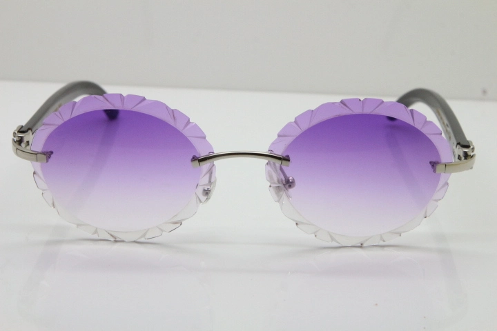 Cartier Rimless Original Black Buffalo Horn T8200761 Sunglasses In Gold Purple Carved Lens