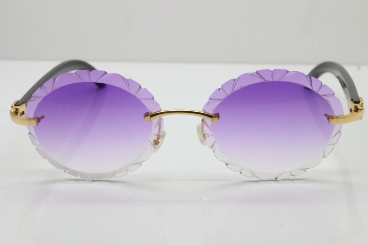 Cartier Rimless Original Black Buffalo Horn T8200761 Sunglasses In Gold Purple Carved Lens