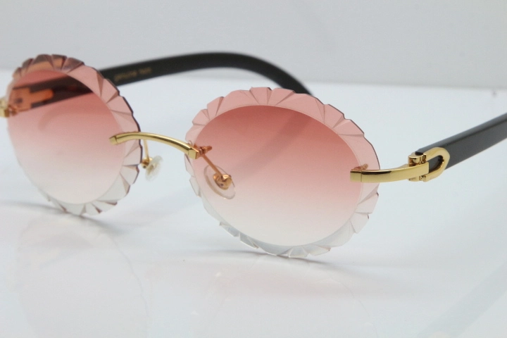 Cartier Rimless Original Black Buffalo Horn T8200761 Sunglasses In Gold Pink Carved Lens