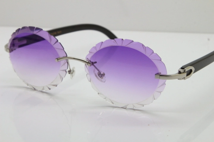 Cartier Rimless Original Black Buffalo Horn T8200761 Sunglasses In Gold Purple Carved Lens