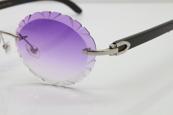 Cartier Rimless Original Black Buffalo Horn T8200761 Sunglasses In Gold Purple Carved Lens