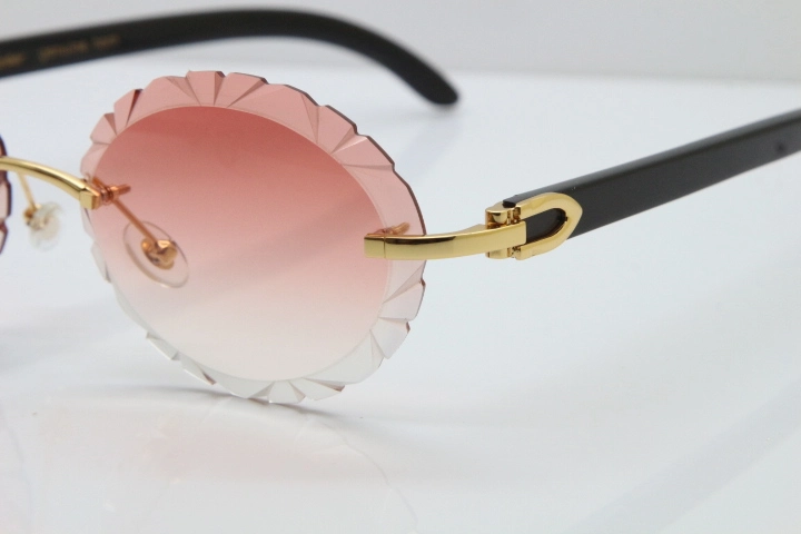 Cartier Rimless Original Black Buffalo Horn T8200761 Sunglasses In Gold Pink Carved Lens