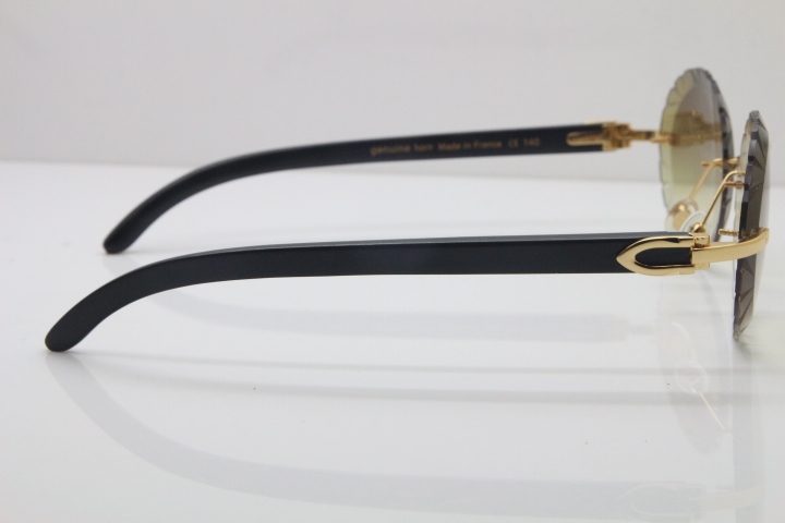 Cartier Rimless Original Black Buffalo Horn T8200761 Sunglasses In Gold Brown Carved Lens