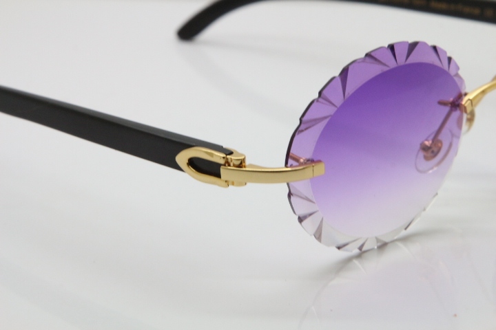 Cartier Rimless Original Black Buffalo Horn T8200761 Sunglasses In Gold Purple Carved Lens