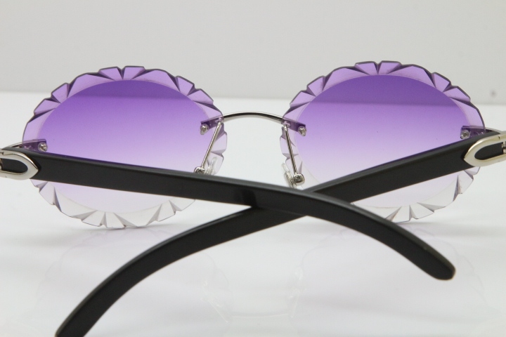 Cartier Rimless Original Black Buffalo Horn T8200761 Sunglasses In Gold Purple Carved Lens