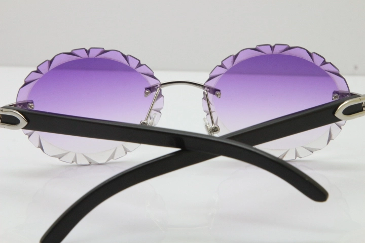 Cartier Rimless Original Black Buffalo Horn T8200761 Sunglasses In Gold Purple Carved Lens