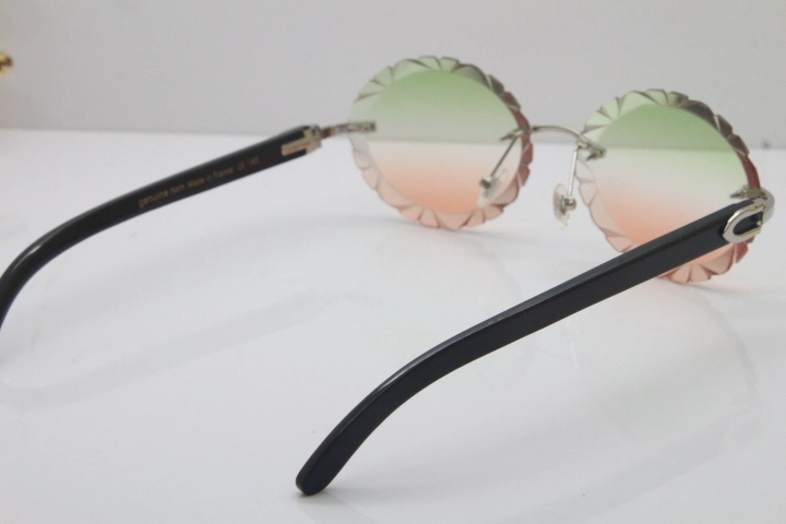 Cartier Rimless Original Black Buffalo Horn T8200761 Sunglasses In Gold Green Mix Brown Carved Lens