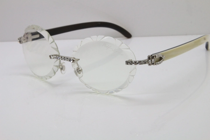 Cartier Big Stones White Inside Black Buffalo Horn T8200761 Rimless Optical In Silver Transparent Carved Lens