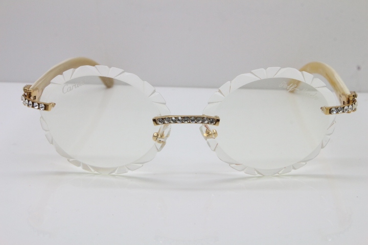 Cartier Big Stones White Genuine Natural Horn T8200761 Rimless Optical In Silver Transparent Carved Lens