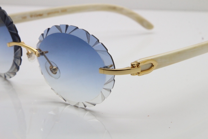 Cartier Rimless Original Genuine Natural Horn T8200761 Sunglasses In Gold Blue Carved Lens