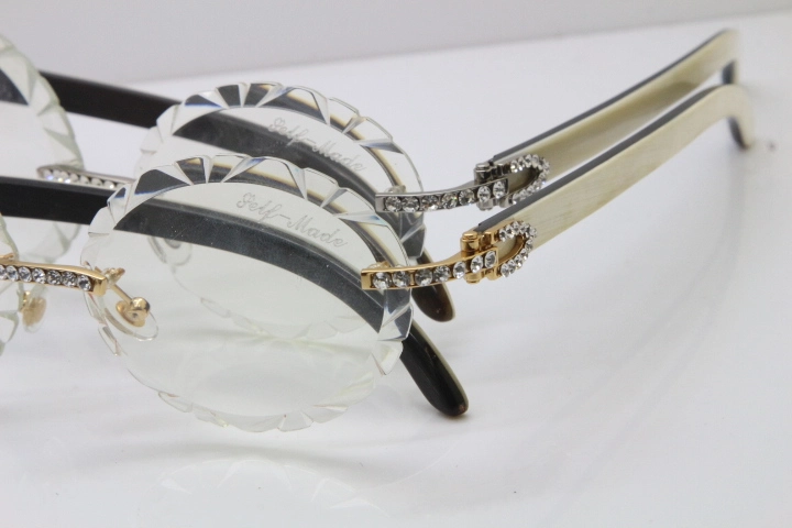 Cartier Big Stones White Inside Black Buffalo Horn T8200761 Rimless Optical In Silver Transparent Carved Lens